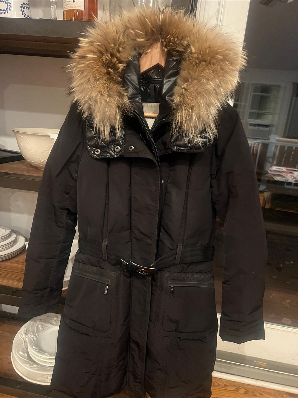Moncler Black Puffer Coat with Natural Fur Trim Hood
